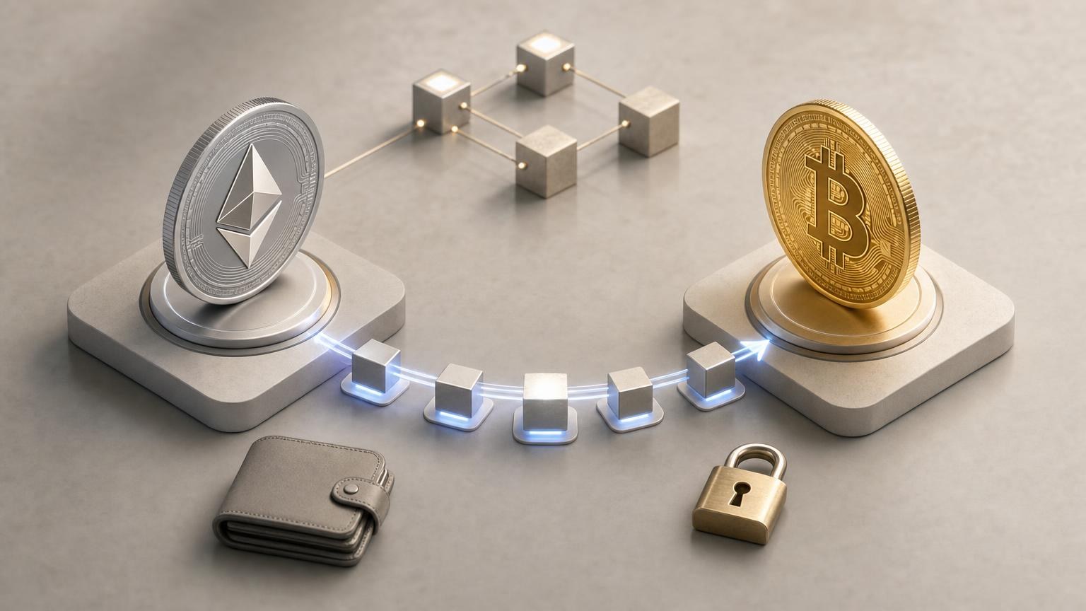 ETH-to-BTC exchange route showing an Ethereum deposit, confirmation checks, and Bitcoin delivery to a verified receiving address